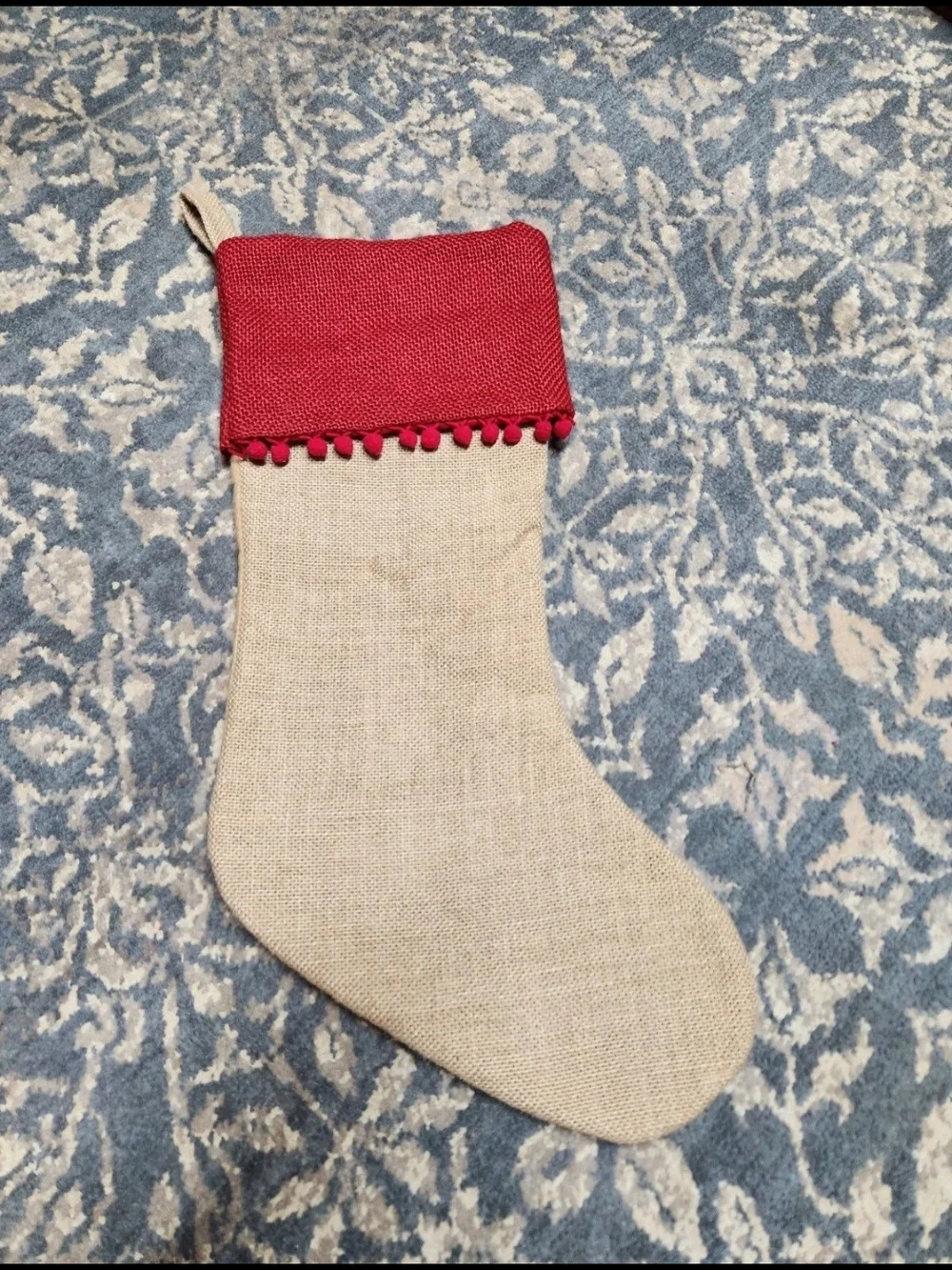 Holiday Stocking Tree Skirt Set Burlap with Red Pom Pom Trim